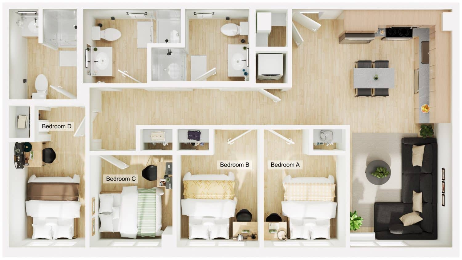 A 3D image of the 4BR/3BA – D2 floorplan, a 1014 squarefoot, 4 bed / 3 bath unit