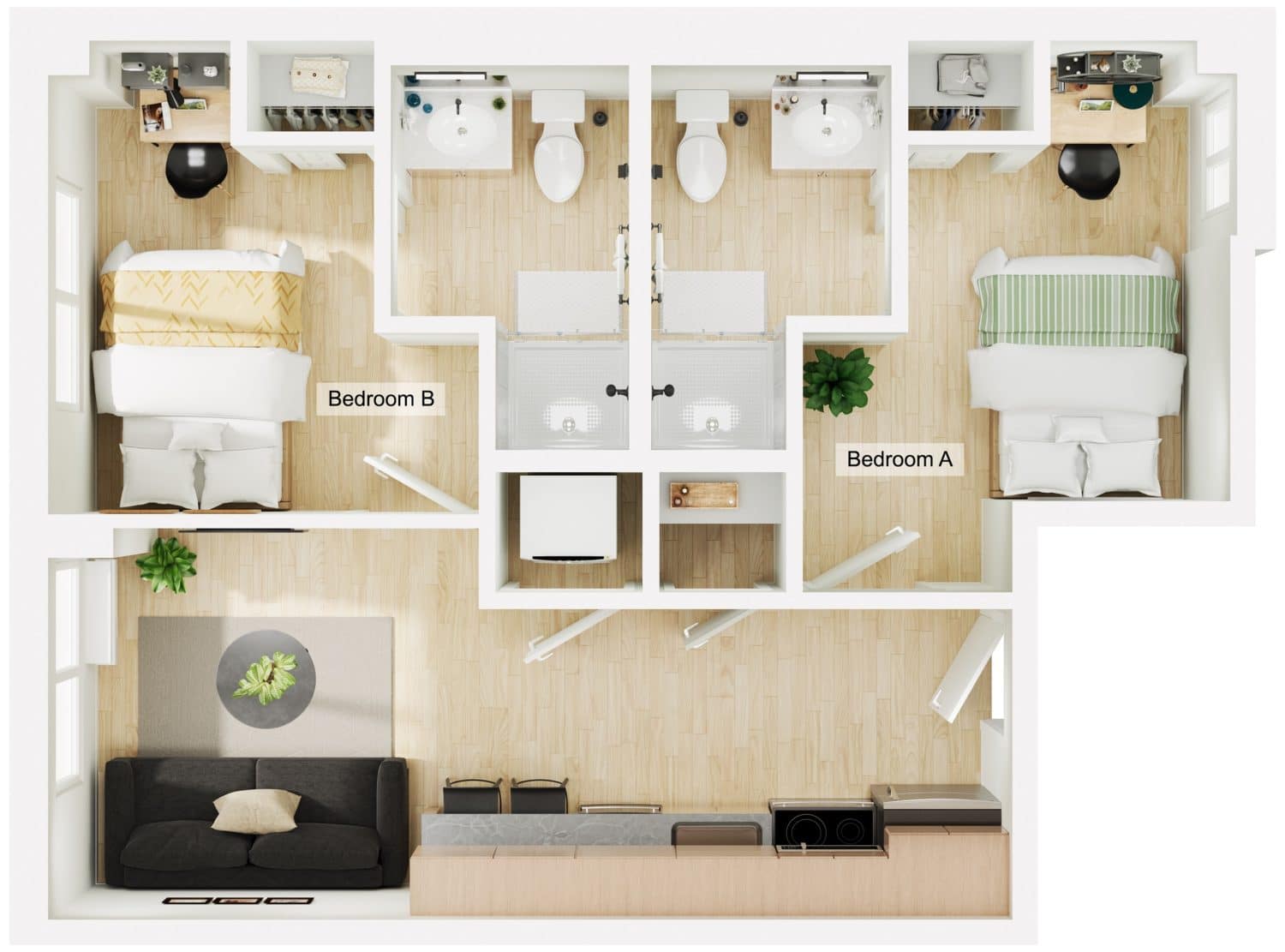 A 3D image of the 2BR/2BA – B1 floorplan, a 605 squarefoot, 2 bed / 2 bath unit