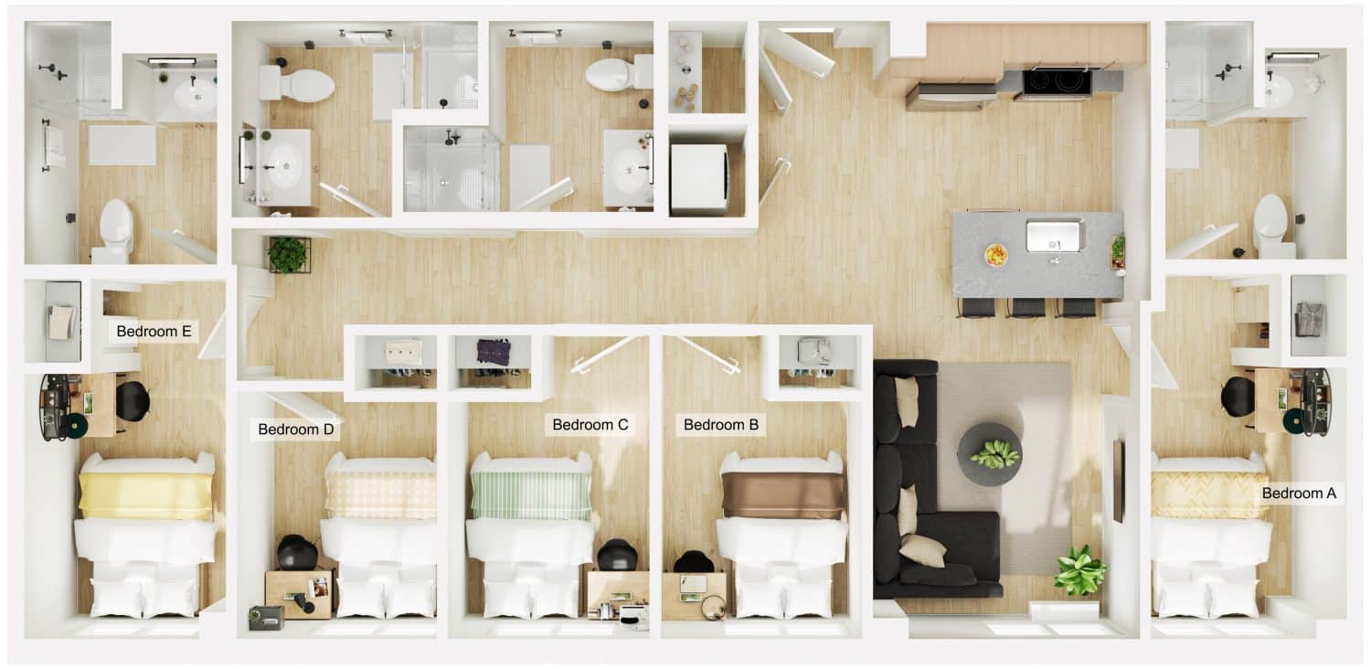 A 3D image of the 5BR/4BA floorplan, a 1172 squarefoot, 5 bed / 4 bath unit