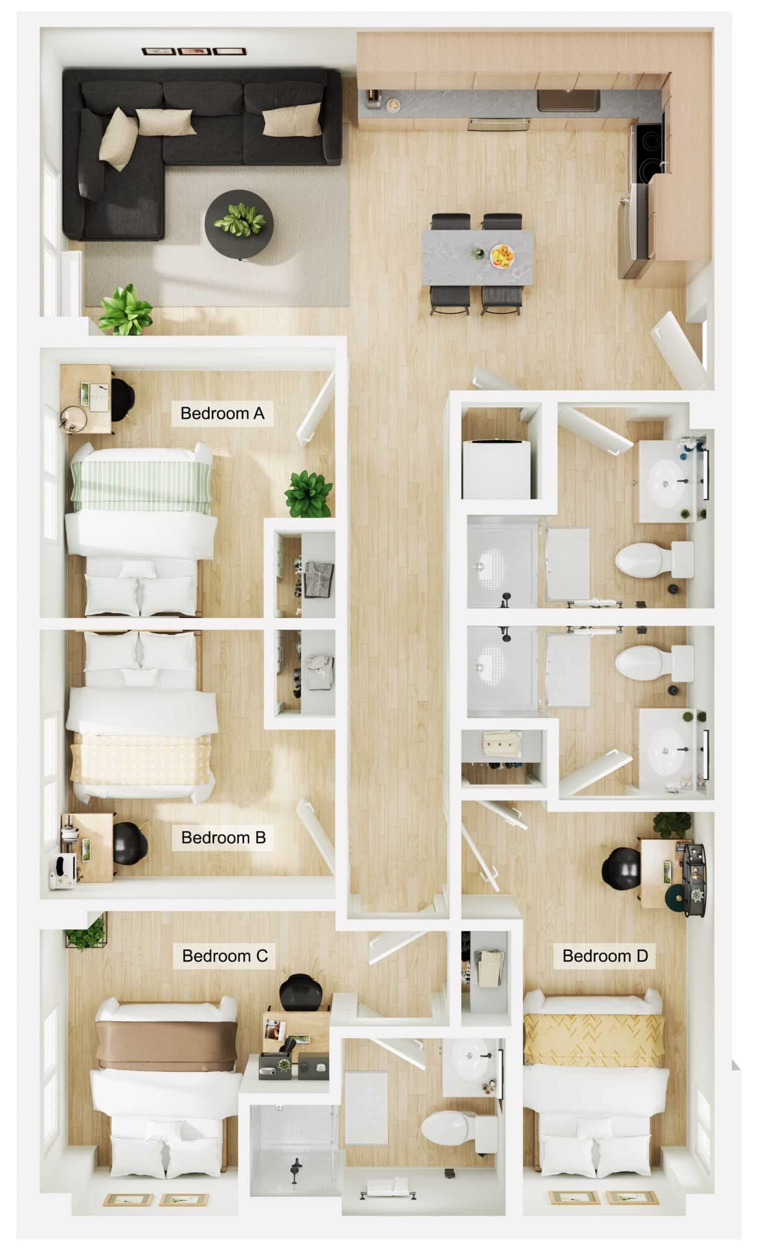 A 3D image of the 4BR/3BA – D1 floorplan, a 1037 squarefoot, 4 bed / 3 bath unit