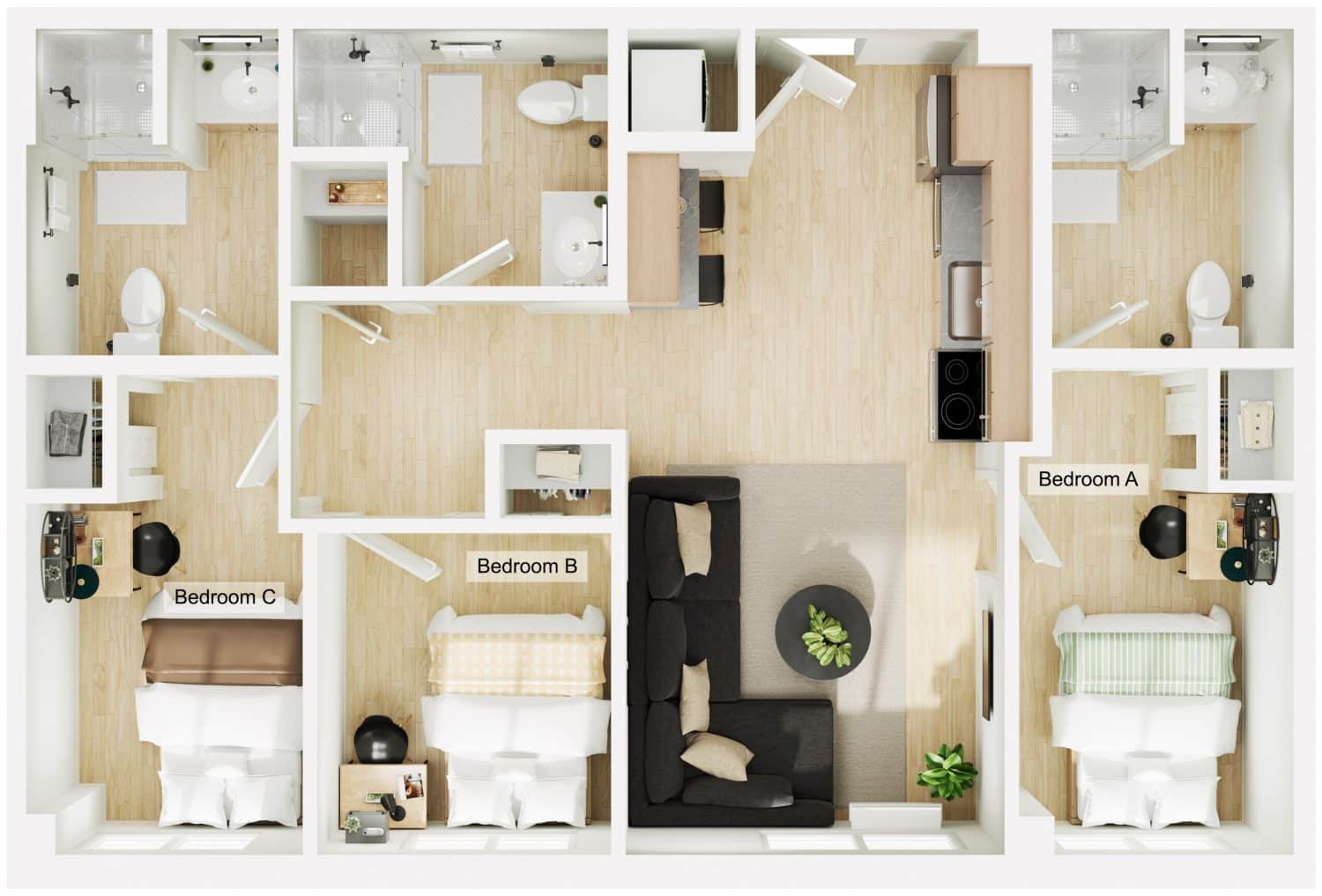 A 3D image of the 3BR/3BA floorplan, a 839 squarefoot, 3 bed / 3 bath unit