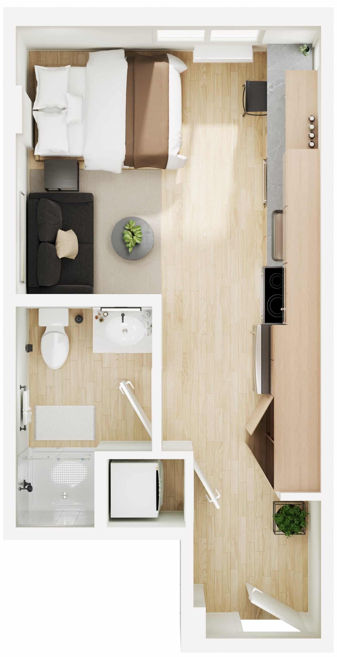 A 3D image of the Studio – S1 floorplan, a 320 squarefoot, 0 bed / 1 bath unit