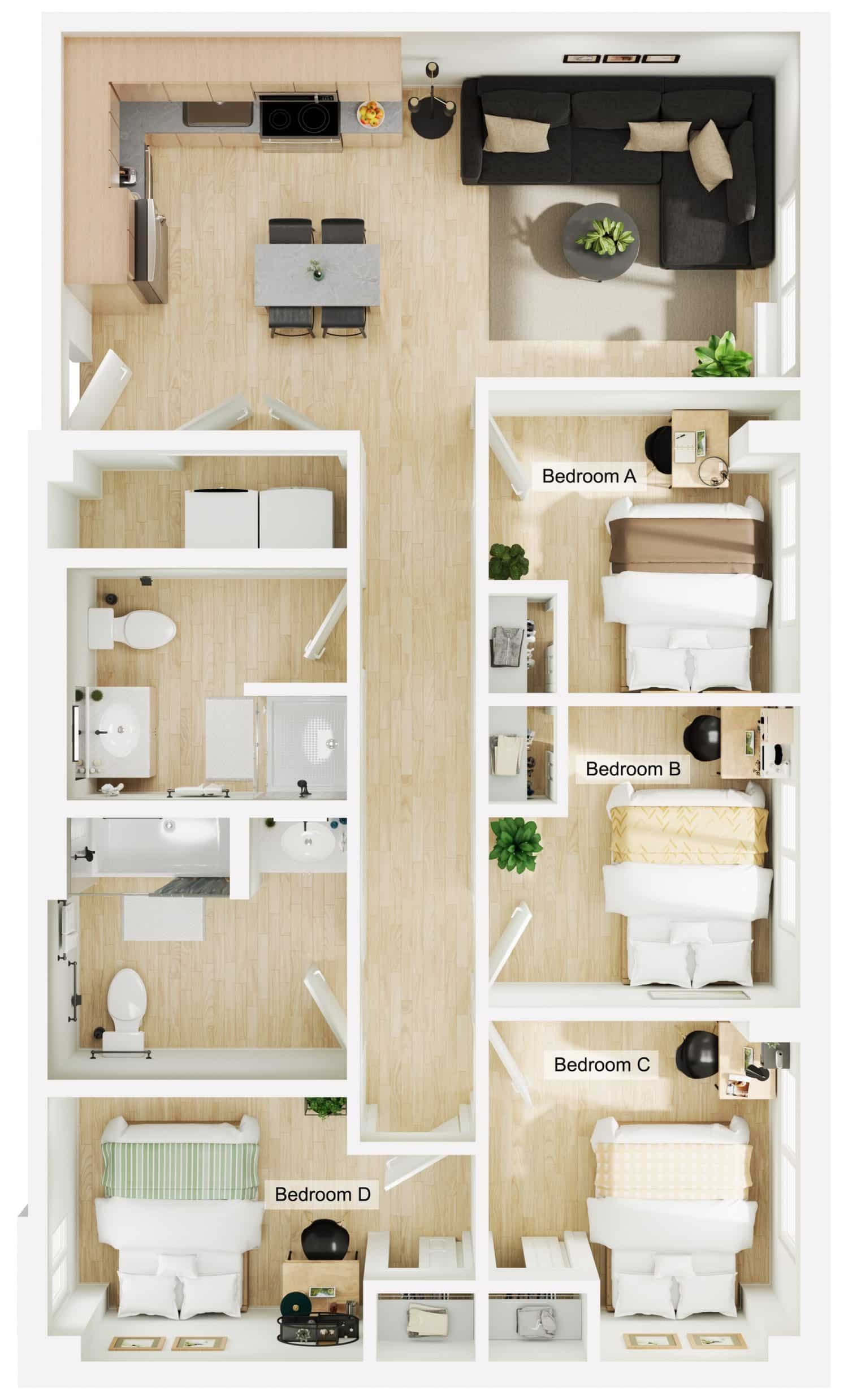 A 3D image of the 4BR/2BA floorplan, a 1007 squarefoot, 4 bed / 2 bath unit