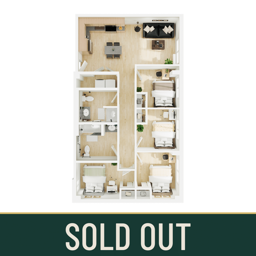 A 3D image of the 4BR/2BA floorplan, a 1007 squarefoot, 4 bed / 2 bath unit